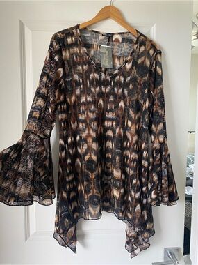NWT Bell-Sleeve Mesh Swim Coverup in Brown and Black